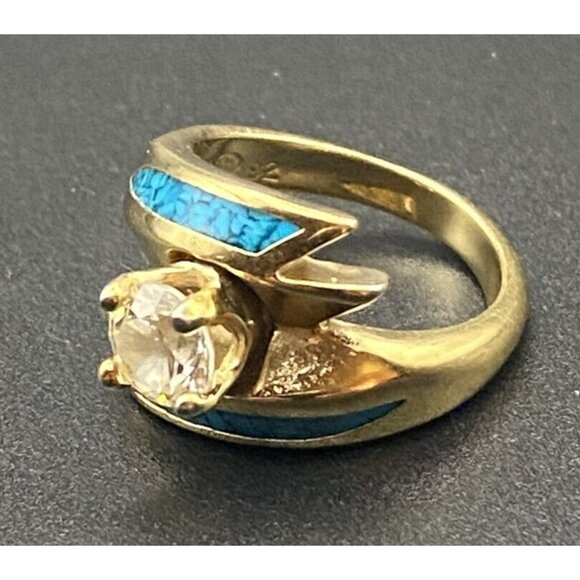 Vtg 'Ring 92 SW CZ Solitaire Yellow Gold Plated Wrap Crushed Turquoise Size 5.5 - Picture 7 of 14